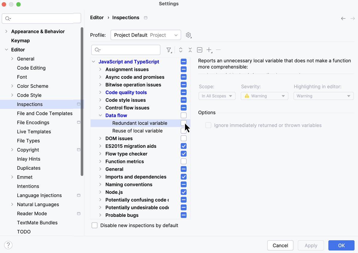 Re-enable inspections in the Settings dialog Re-enable inspections in the Settings dialog