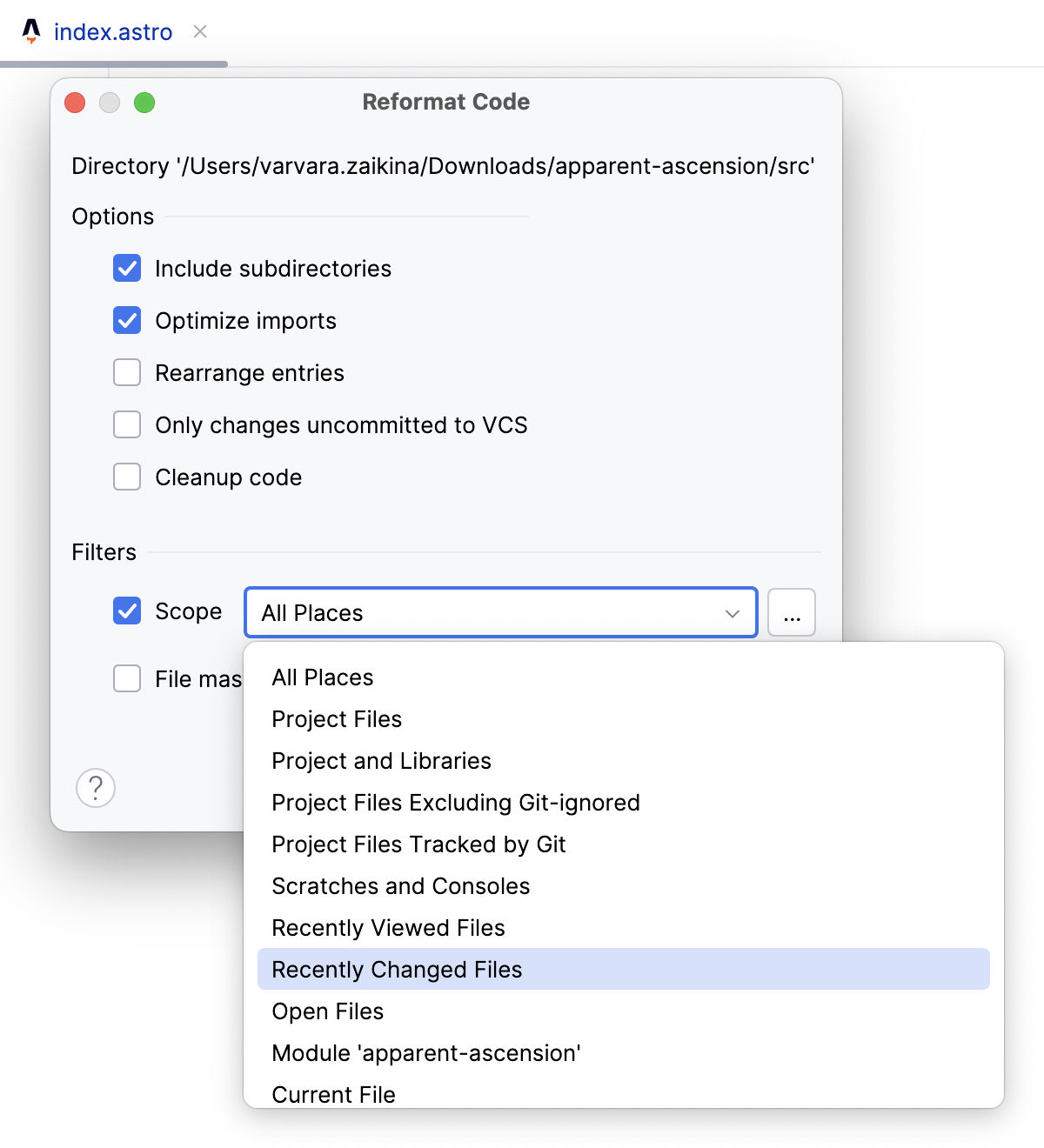 Select a scope for reformatting