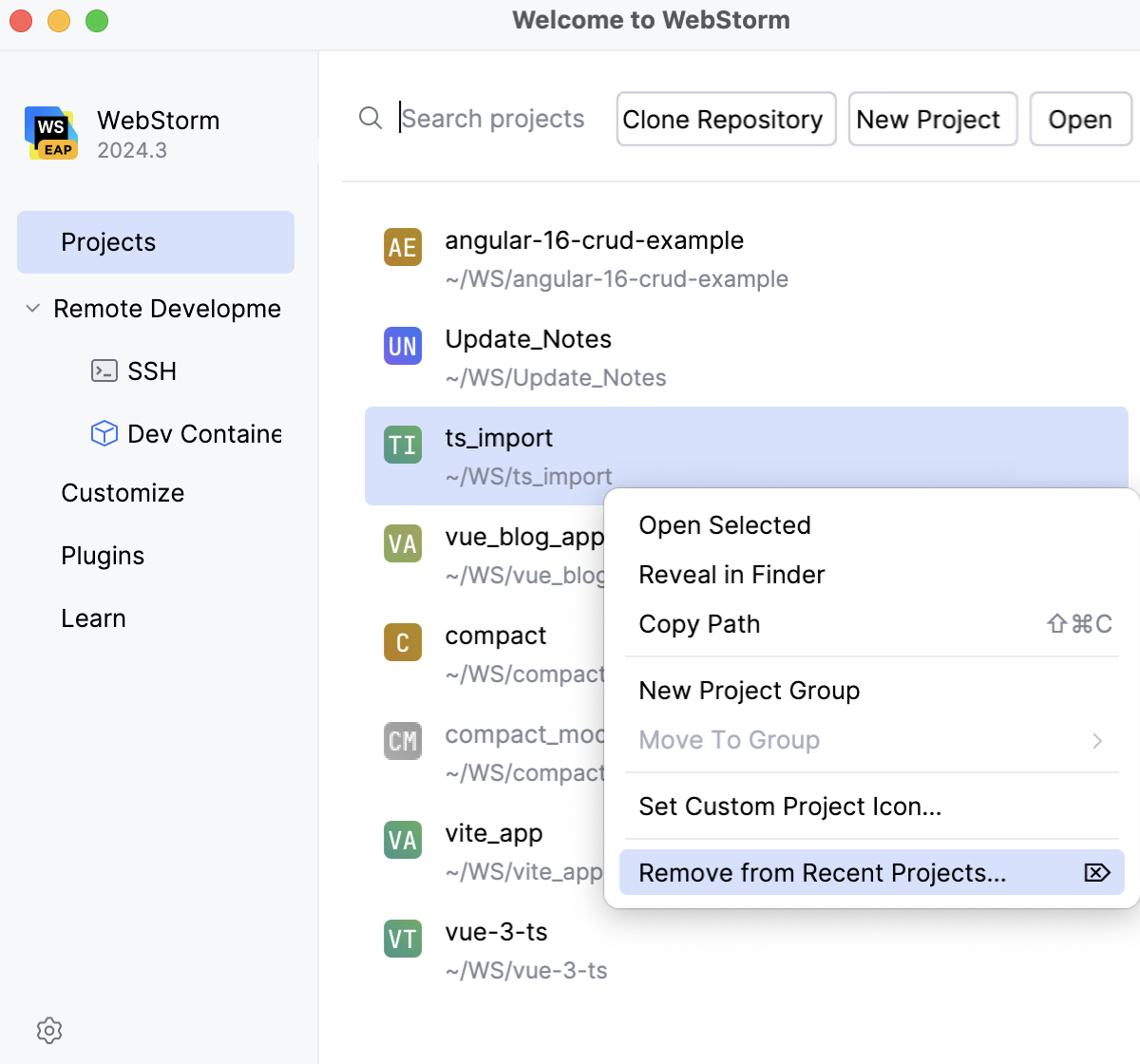 Remove a project from recent Projects on the Welcome Screen: context menu Remove a project from recent Projects on the Welcome Screen: context menu