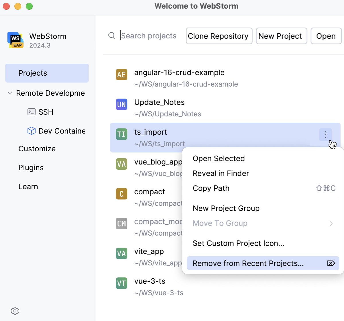 Remove a project from recent Projects on the Welcome Screen: Settings icon Remove a project from recent Projects on the Welcome Screen: Settings icon