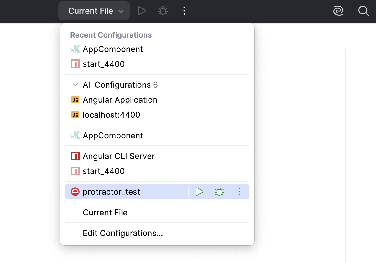 Select run/debug configuration Select run/debug configuration