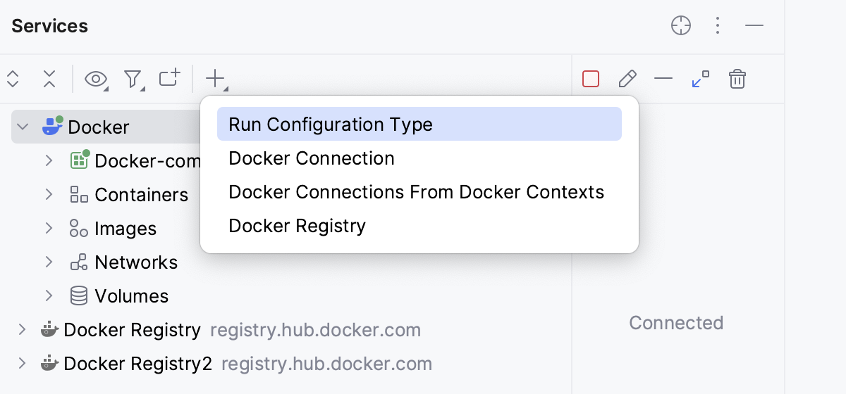 Services tool window: Add run configuration Services tool window: Add run configuration