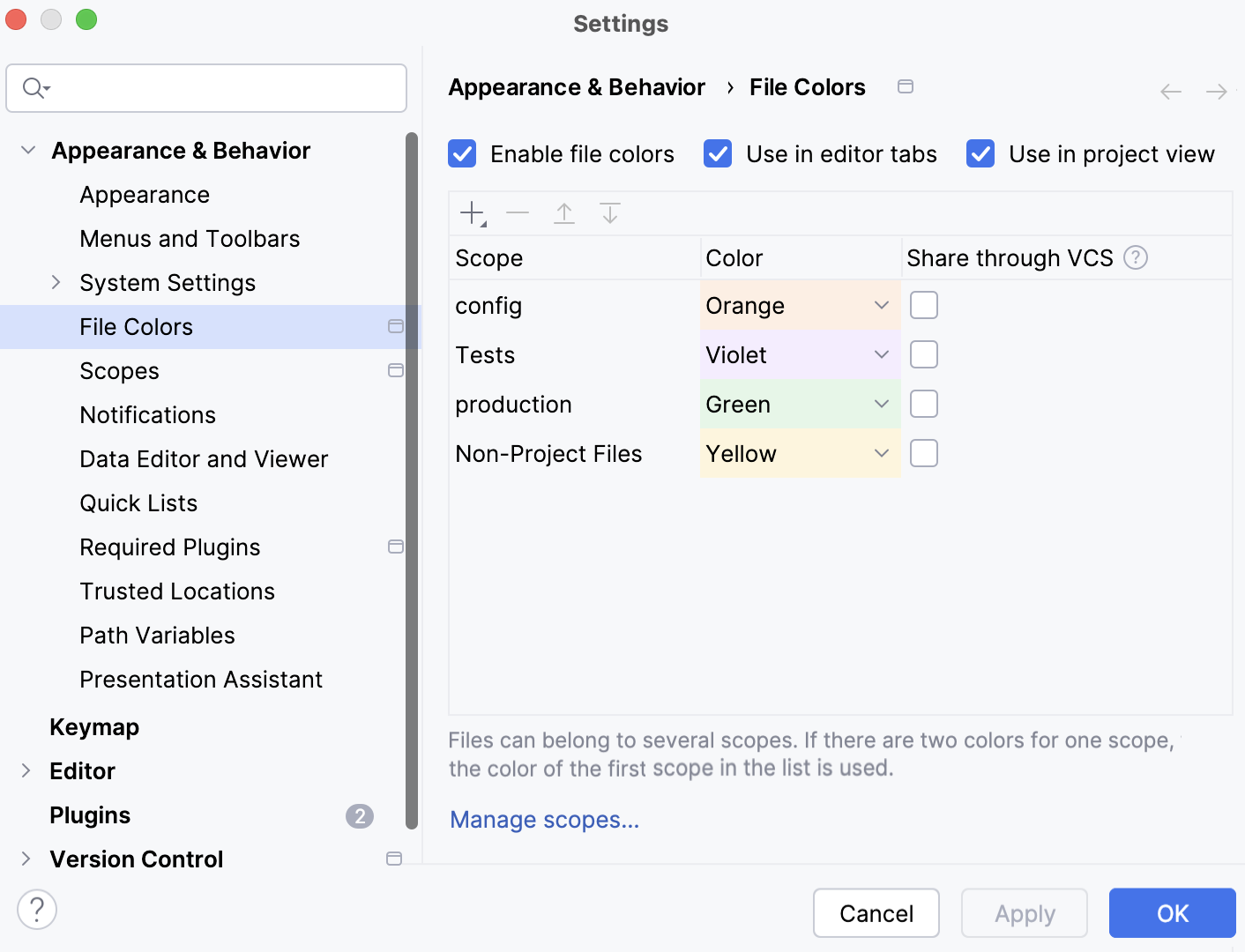 Configuring file colors in Settings Configuring file colors in Settings
