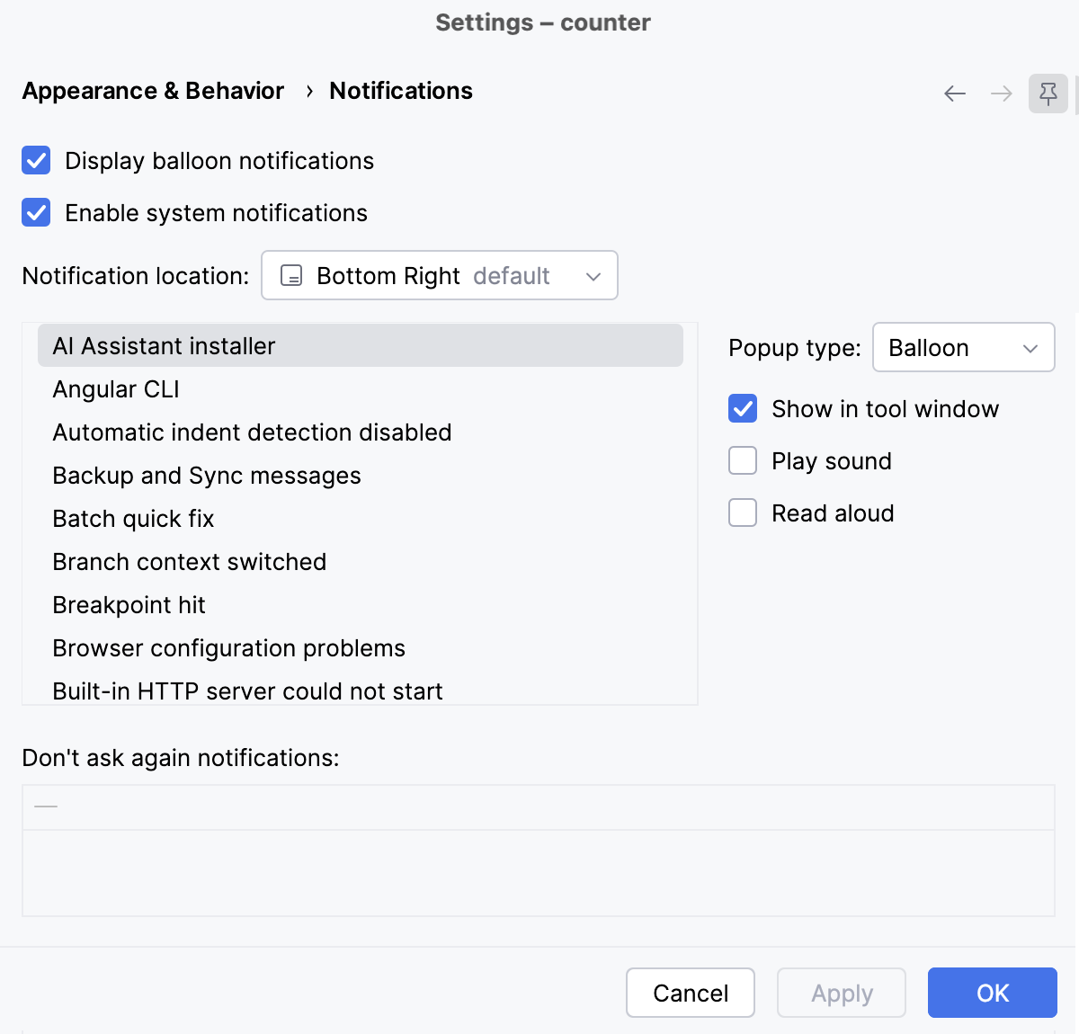 System notifications options System notifications options