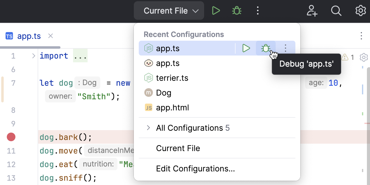Selecting a run/debug configuration Selecting a run/debug configuration