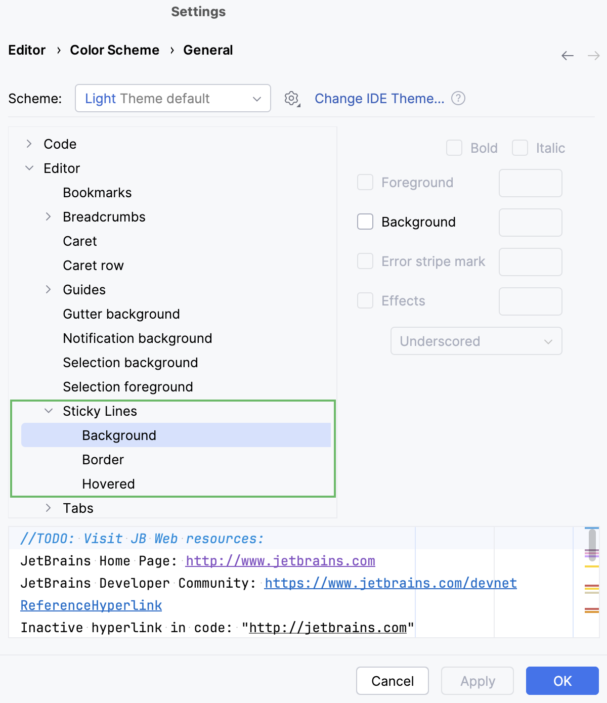 Sticky lines color scheme settings Sticky lines color scheme settings