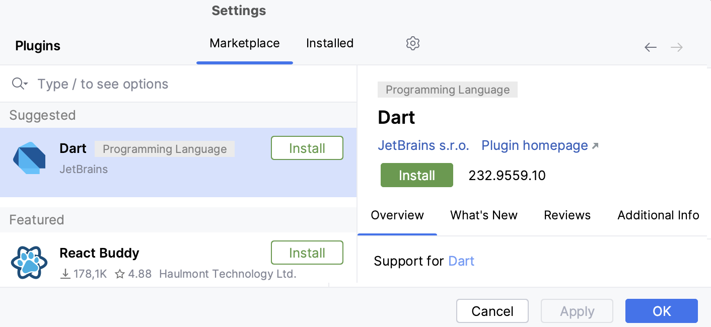 Plugins Marketplace tab showing Suggested section with the Dart plugin and Featured section with React Buddy below. Plugins Marketplace tab showing Suggested section with the Dart plugin and Featured section with React Buddy below.