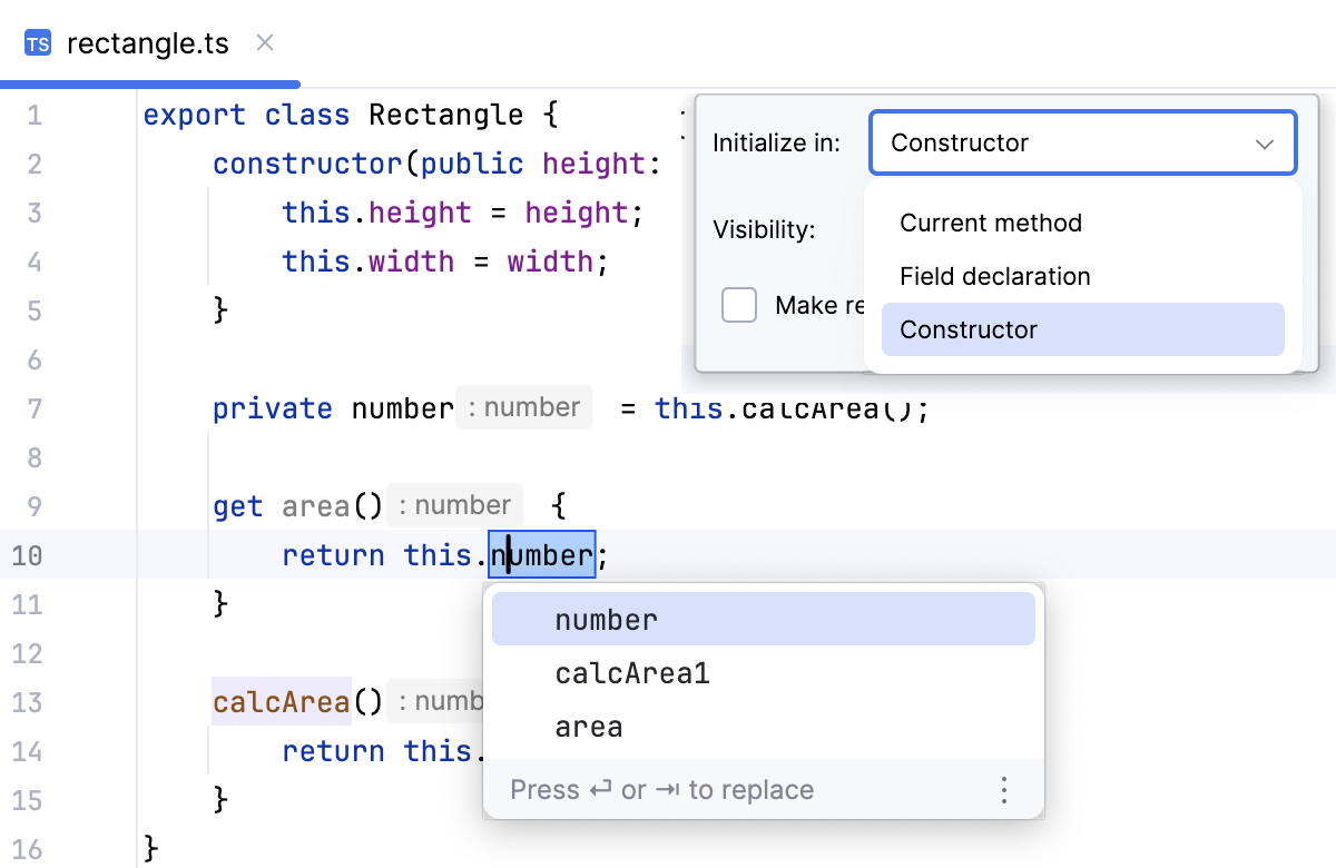 Extract field in TypeScript: choose initialization