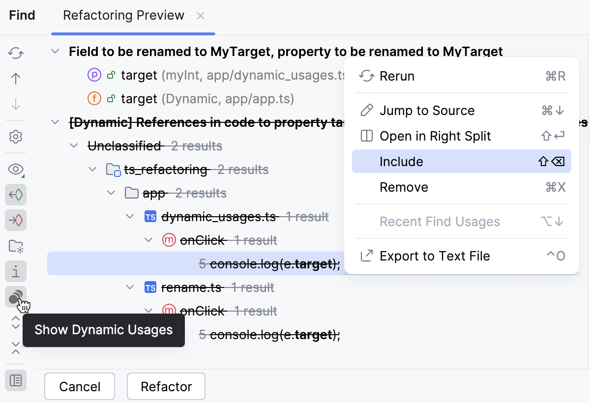 Refactoring Preview: the dynamic usages of a symbol are marked as excluded from refactoring