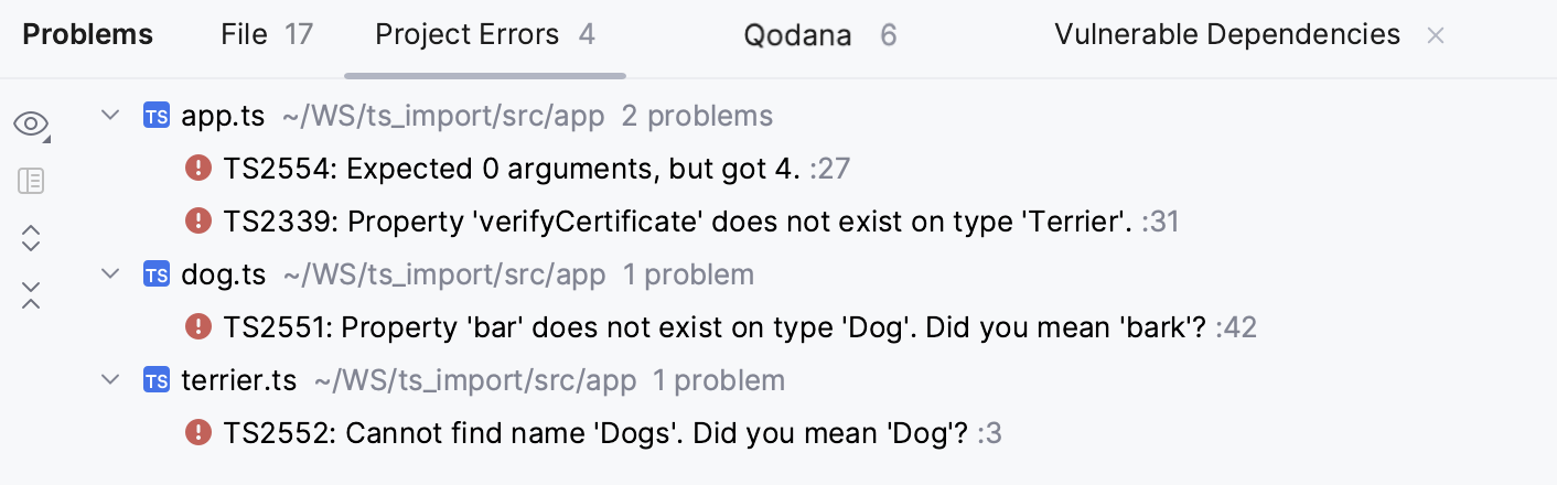 Problems tool window, TypeScript. Project Errors tab shows syntax errors across the project