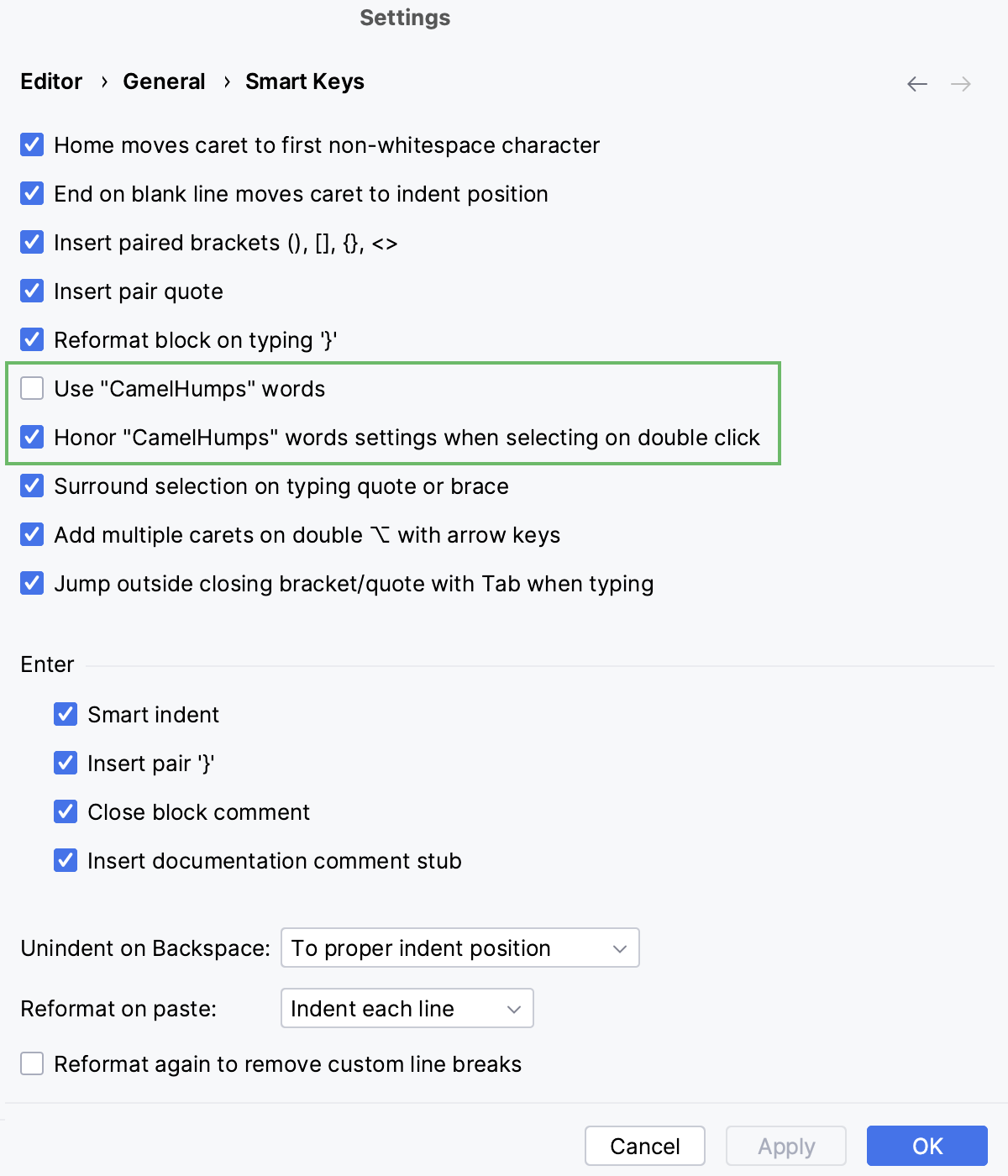 CamelHumps words settings CamelHumps words settings