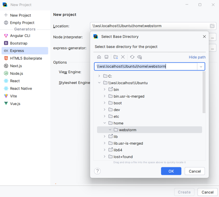Select project location in WSL Select project location in WSL