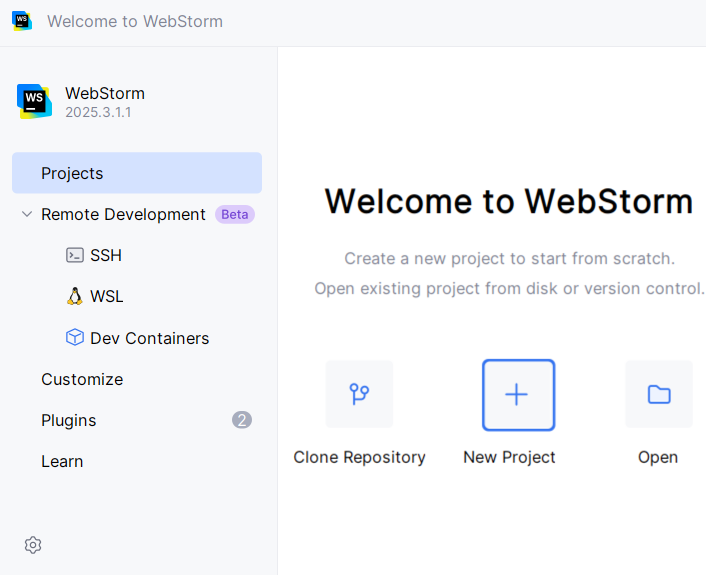 Create a project in WSL: Welcome screen Create a project in WSL: Welcome screen