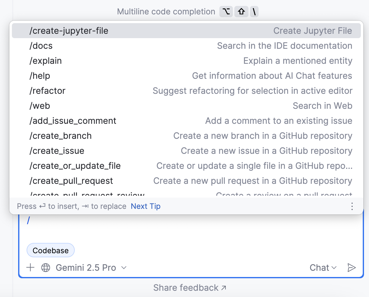 List of commands available on the MCP server