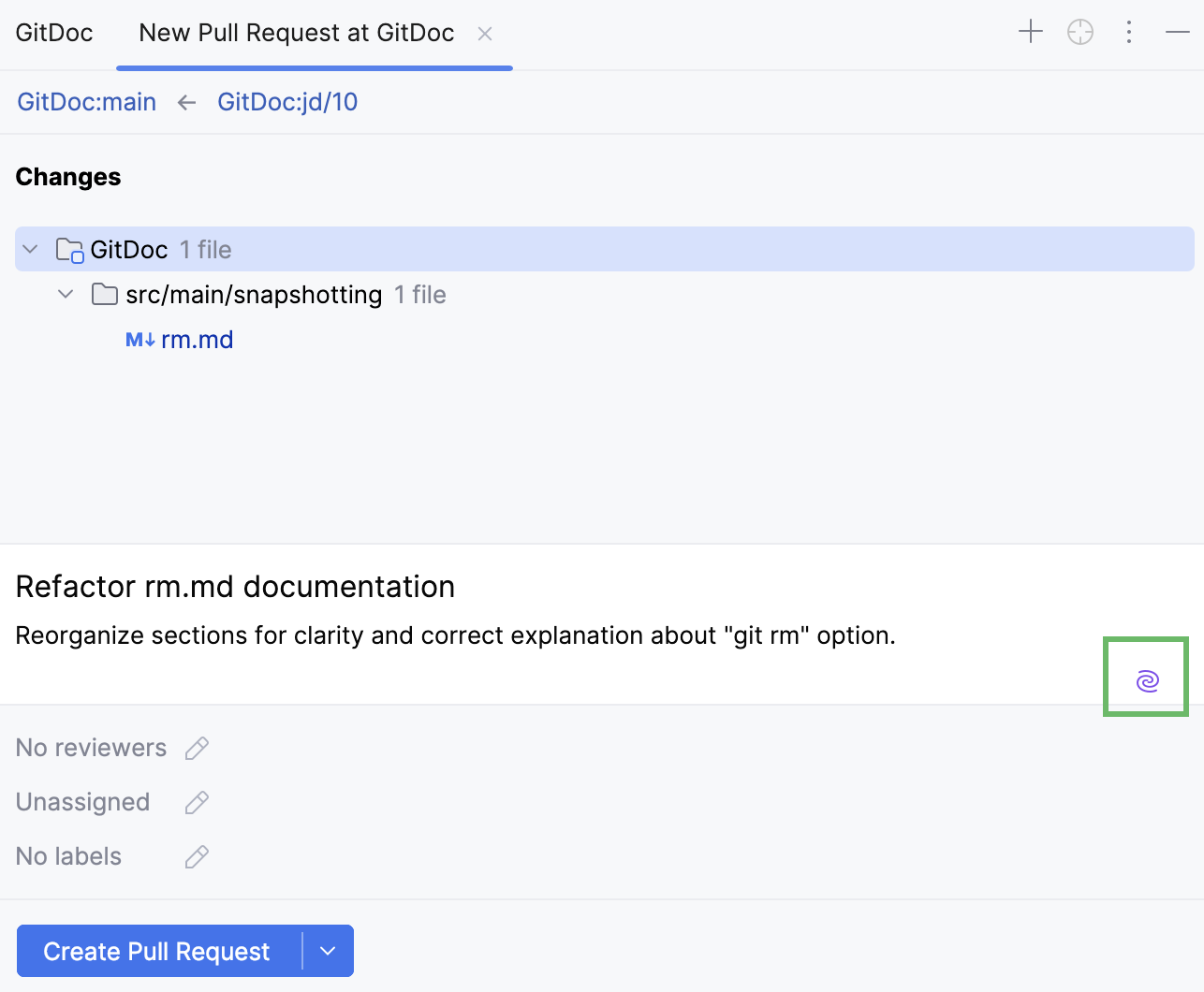 AI Assistant button in the PR description field