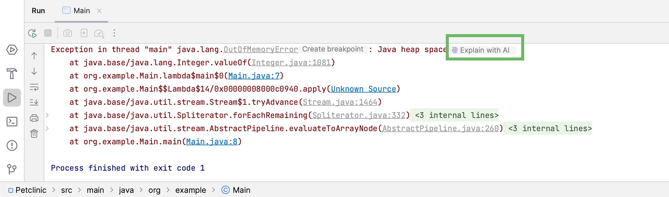 Explain with AI option in console Explain with AI option in console