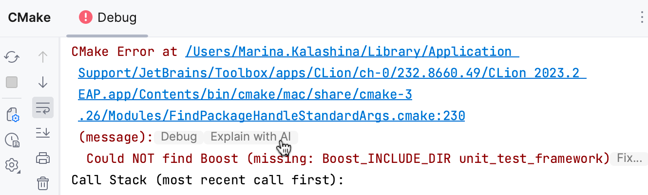 Explain with AI for CMake errors Explain with AI for CMake errors