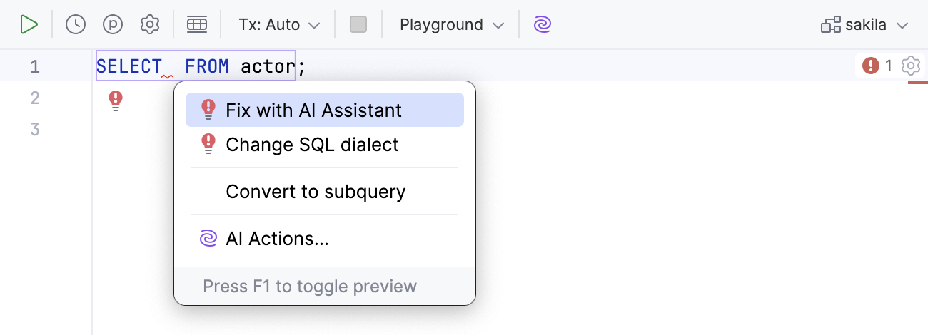 AI Assistant suggests a fix for the syntax errors of selected SQL code AI Assistant suggests a fix for the syntax errors of selected SQL code