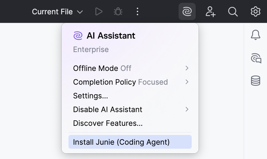 Install Junie from JetBrains AI widget