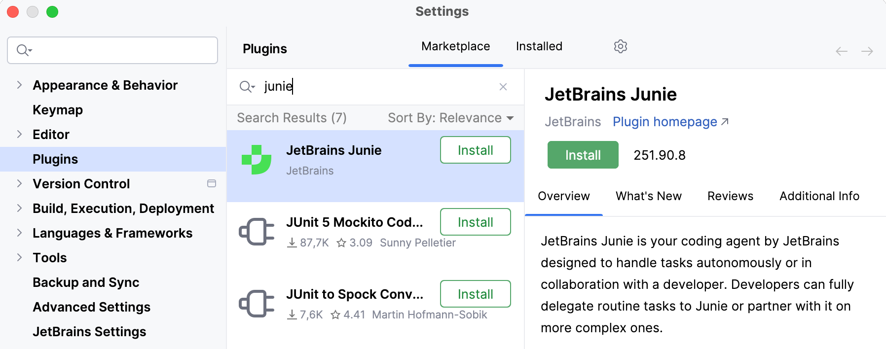 Install Junie from Marketplace