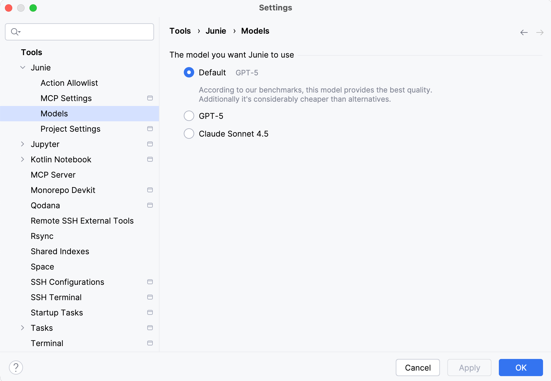 Junie models selection