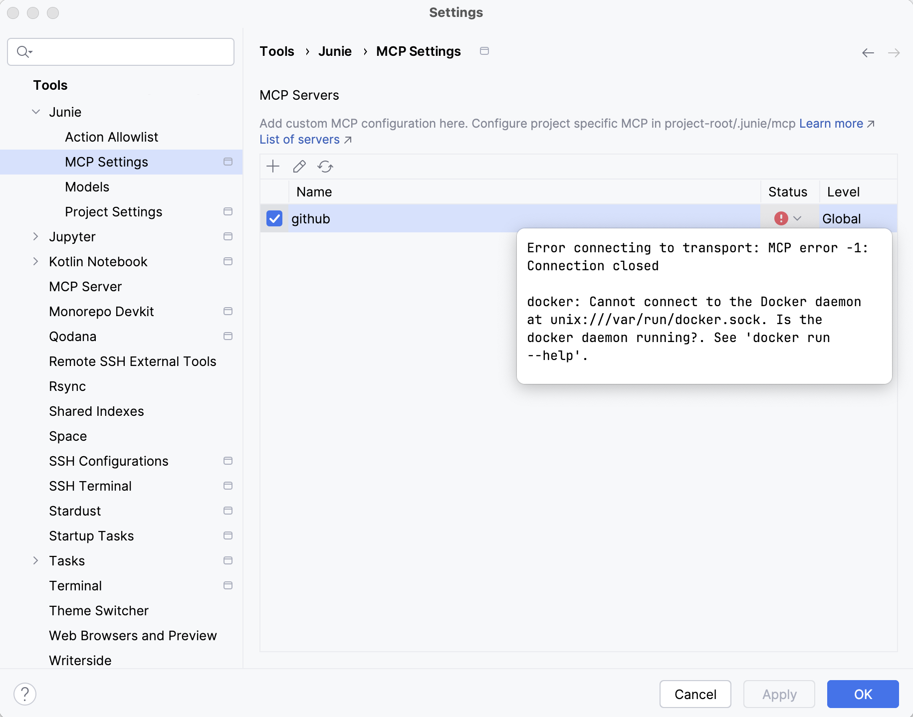 MCP server connection error