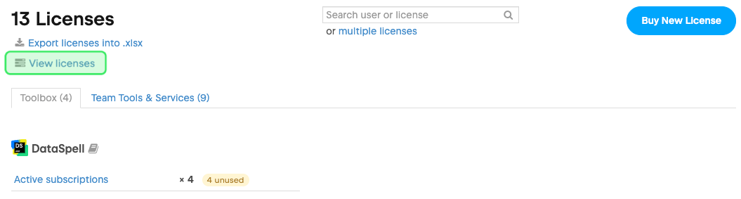 View licenses in a team profile View licenses in a team profile