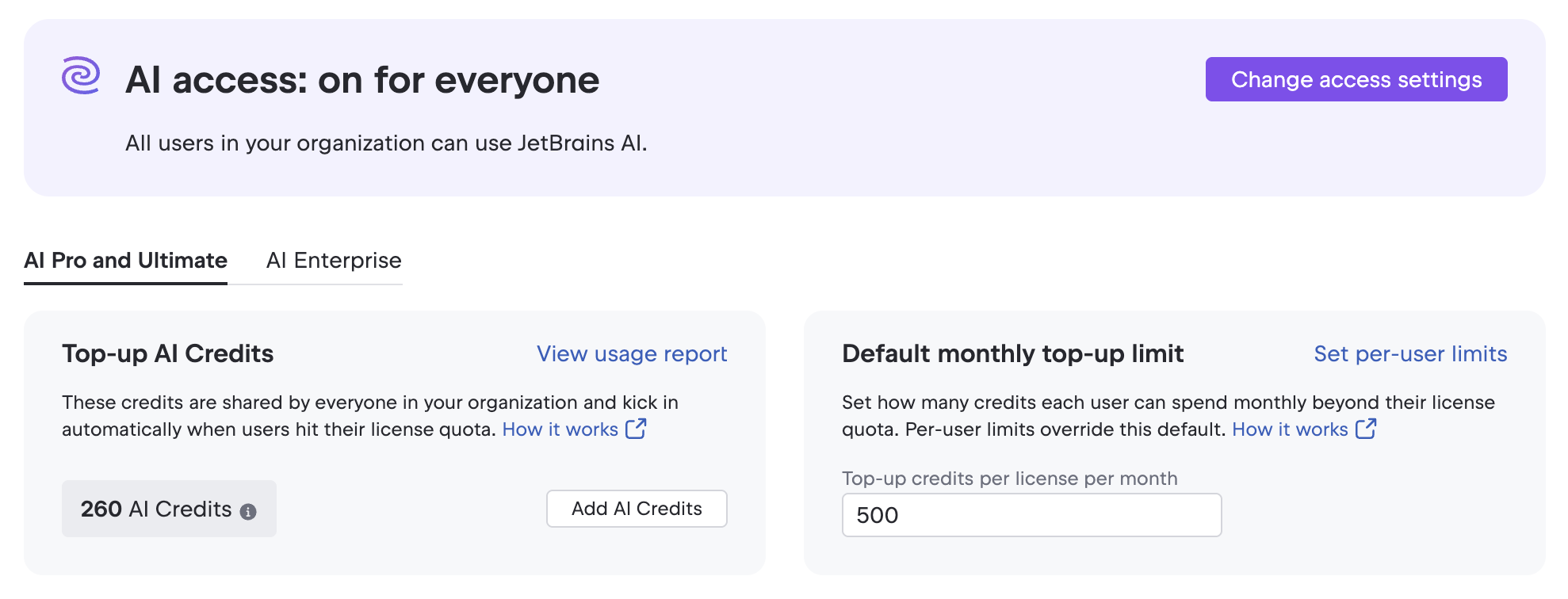 JetBrains AI settings page