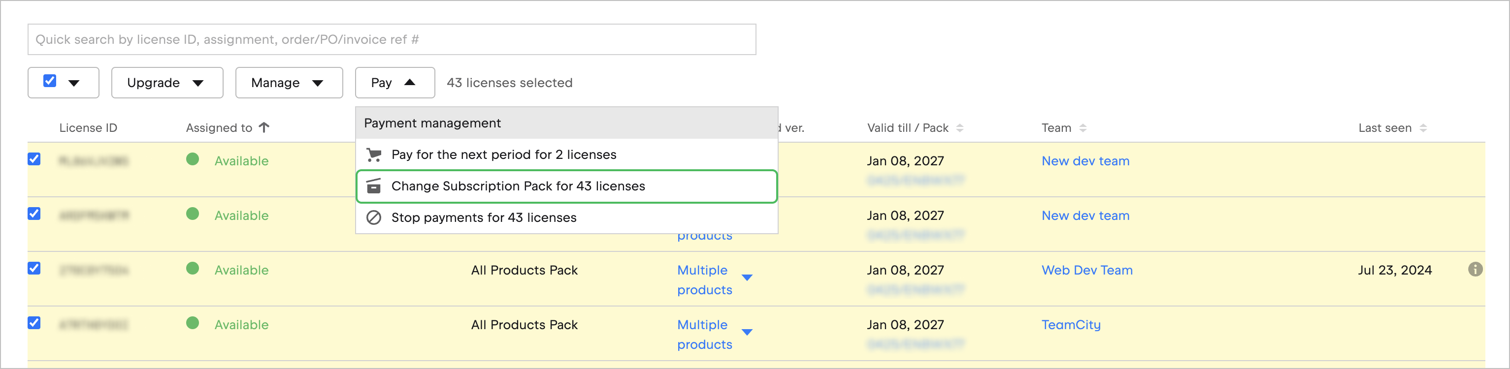 Change Subscription Pack Button Highlighted Change Subscription Pack Button Highlighted