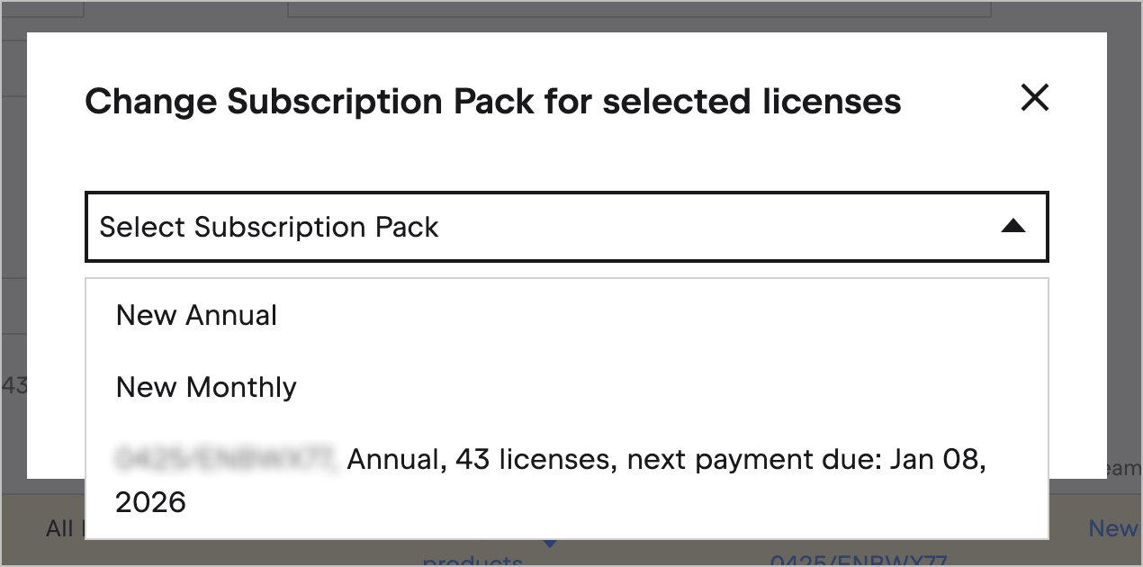 Change Subscription Pack Dialog Change Subscription Pack Dialog