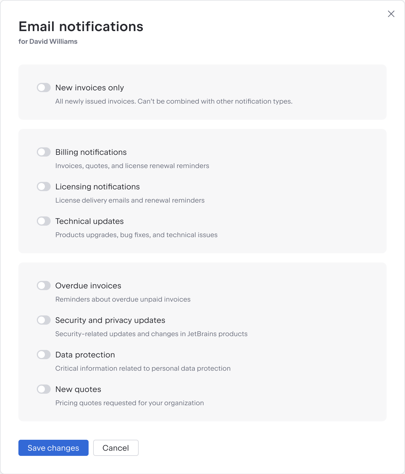 Contacts Email Notifications Dialog Contacts Email Notifications Dialog