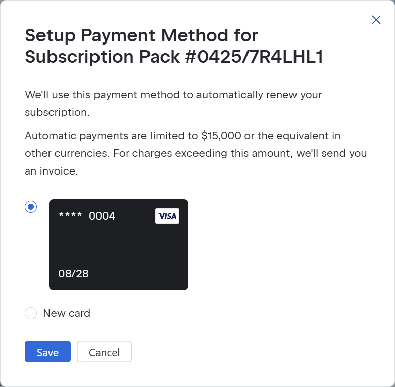 Setup payment dialog with saved card Setup payment dialog with saved card