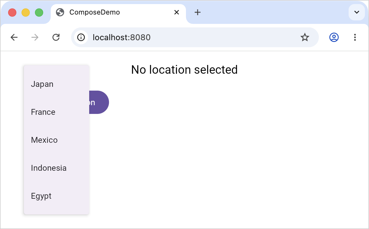 The country list in the Compose Multiplatform app on the web