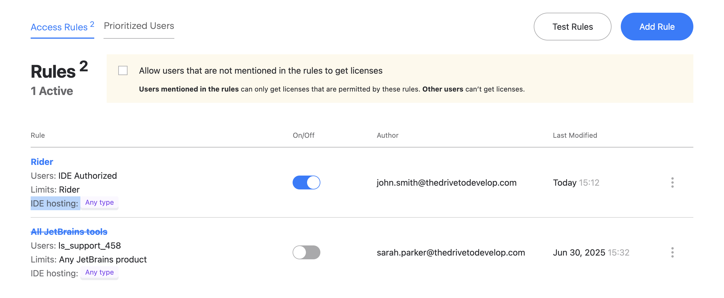 The Rules page in the License Vault interface The Rules page in the License Vault interface