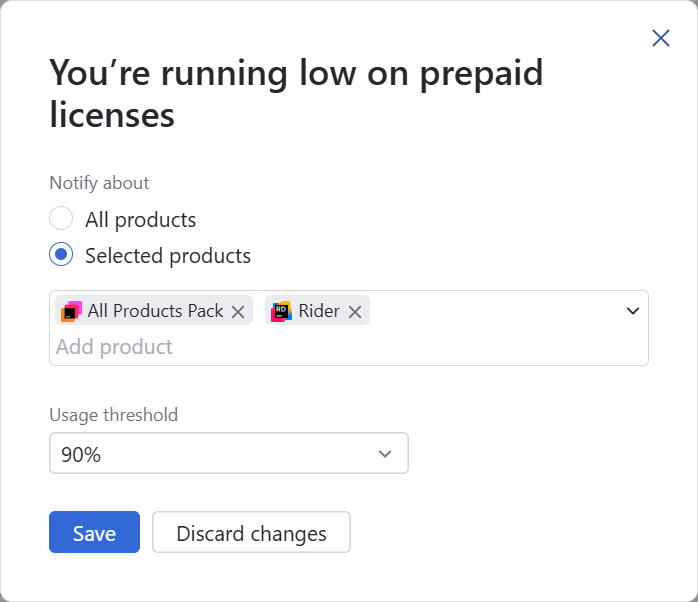 The setting dialog for the 'You're running low on prepaid licenses' notification The setting dialog for the 'You're running low on prepaid licenses' notification
