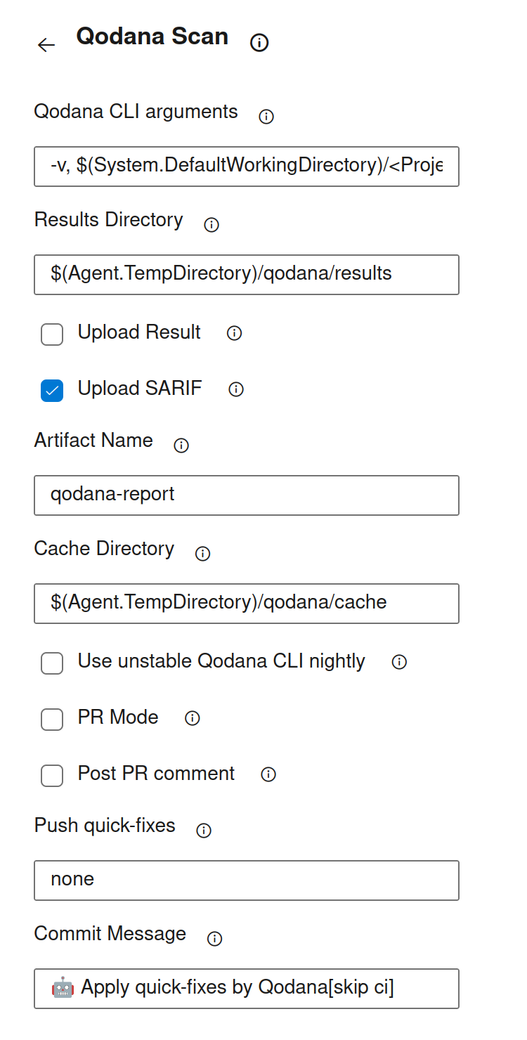The Qodana Scan task UI config for baseline and quality gate The Qodana Scan task UI config for baseline and quality gate