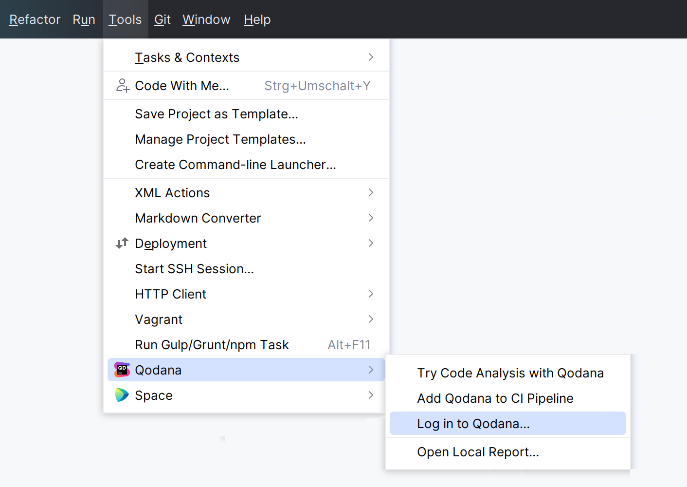 The Log in to Qodana Cloud menu The Log in to Qodana Cloud menu
