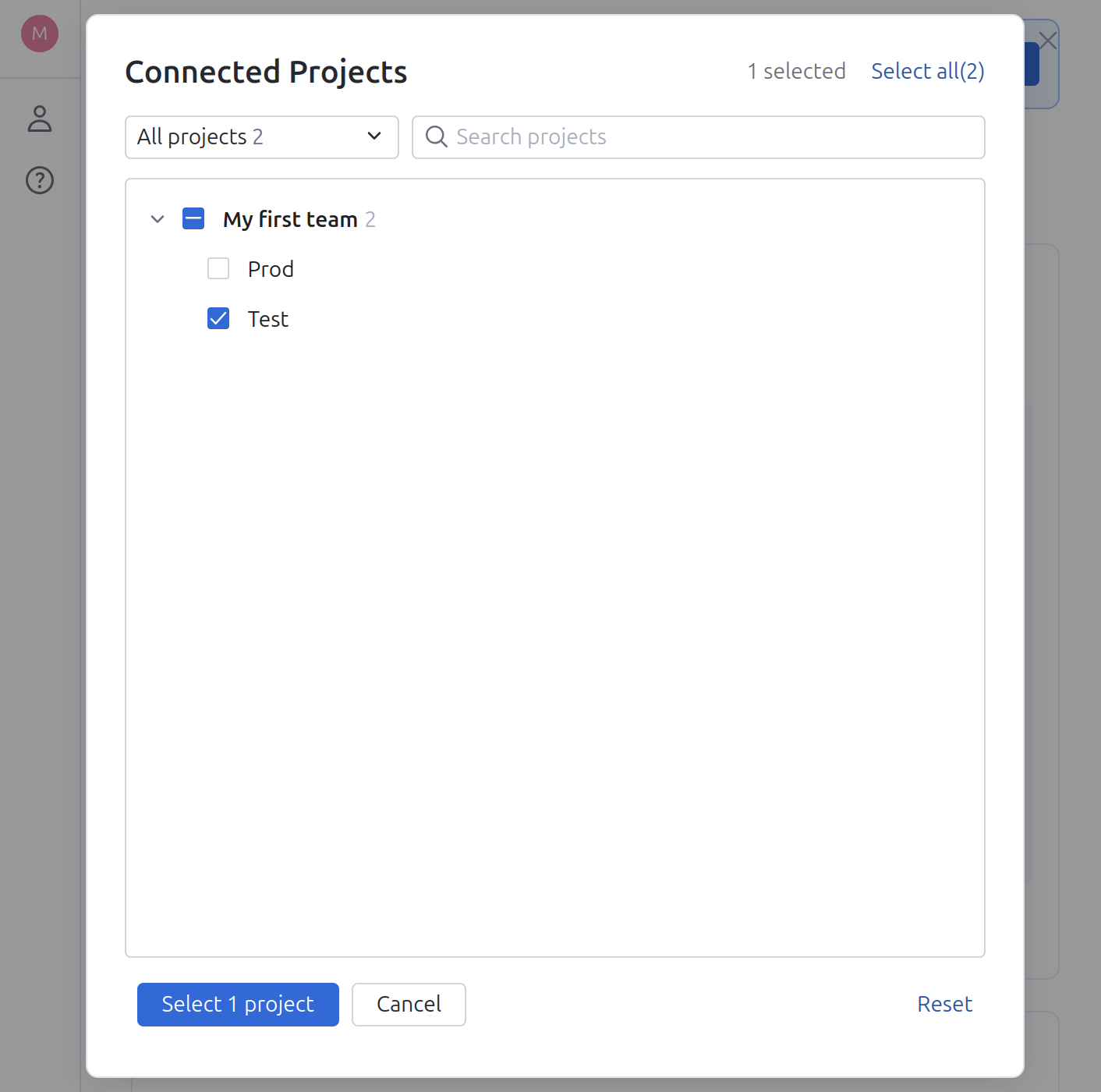 Select projects to connect Select projects to connect