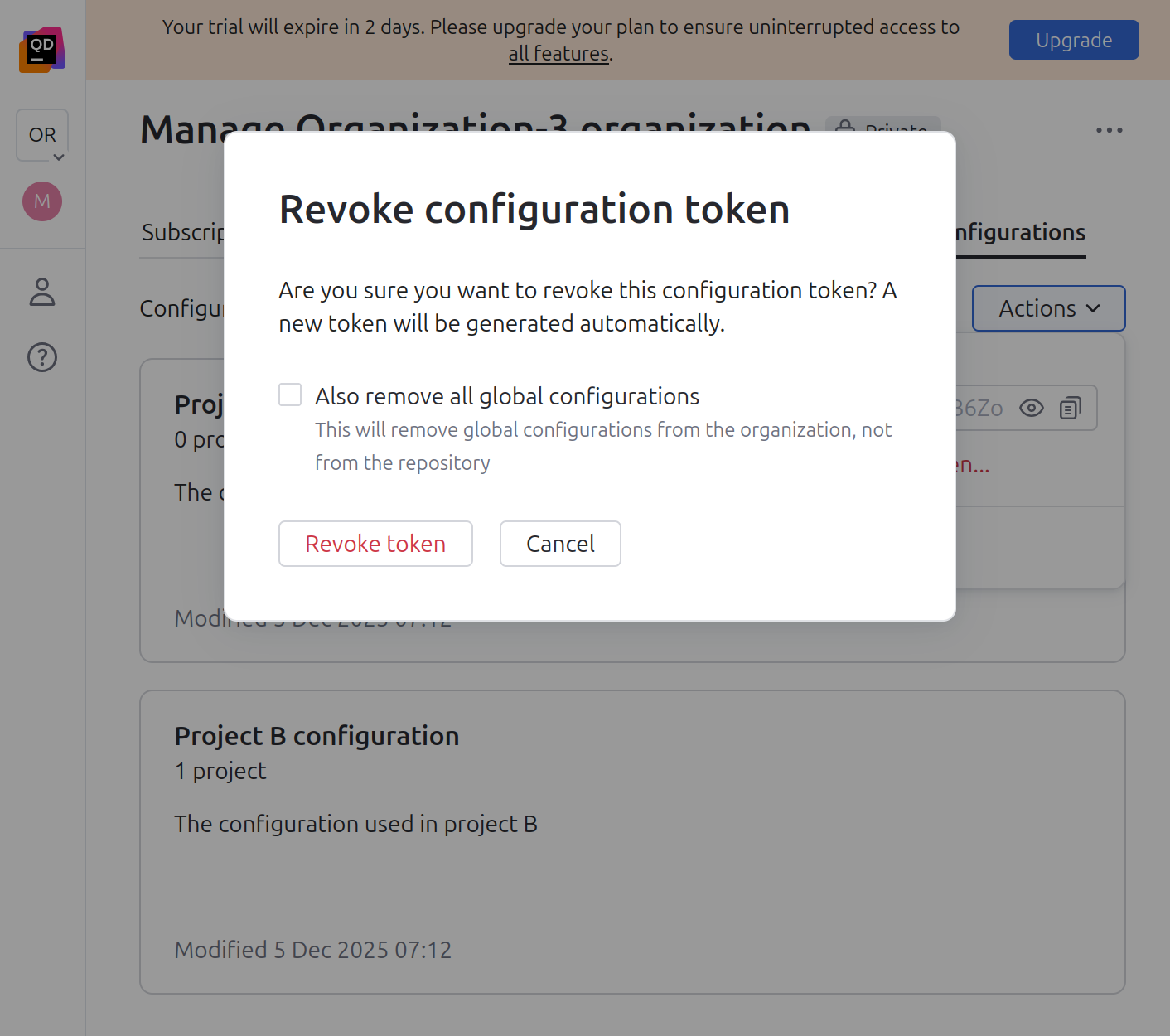 Actions for a global configuration Actions for a global configuration