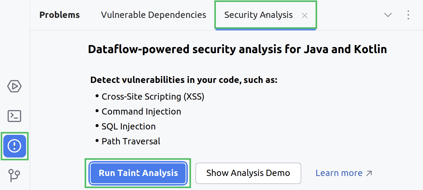 Running taint analysis from the Problems tool window Running taint analysis from the Problems tool window