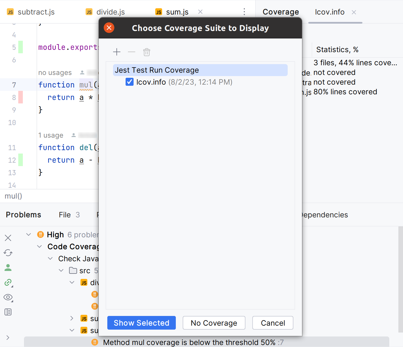 The Choose Coverage Suite to Display dialog The Choose Coverage Suite to Display dialog