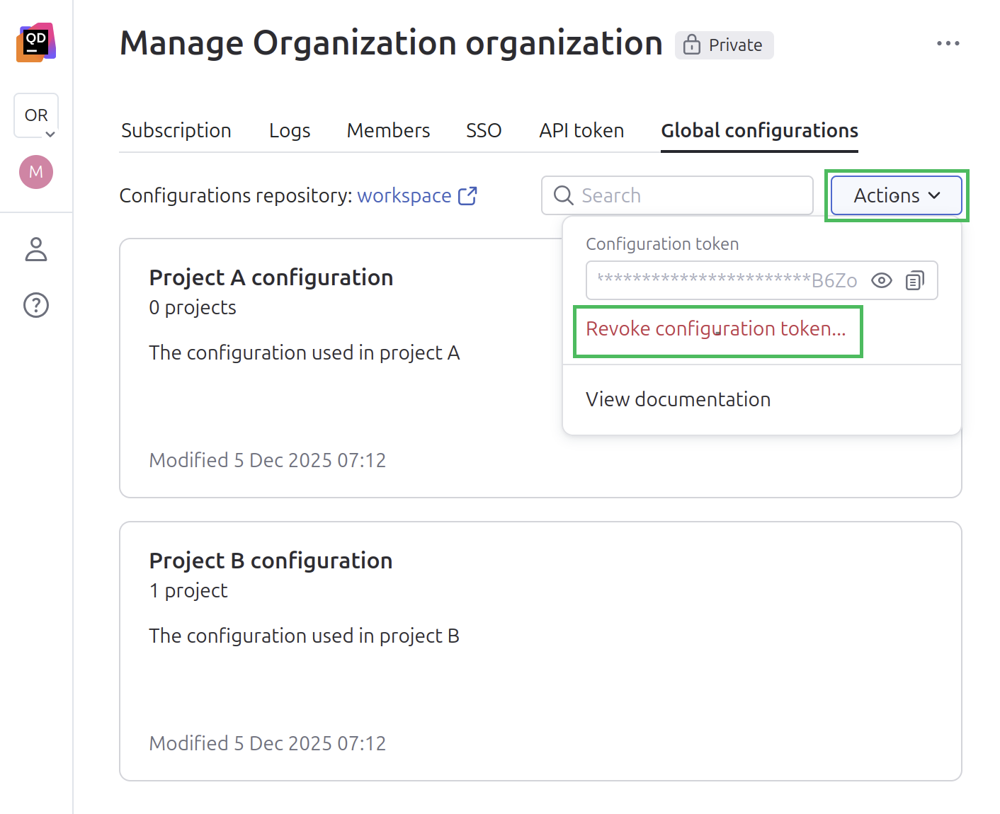 Revoking a configuration token Revoking a configuration token