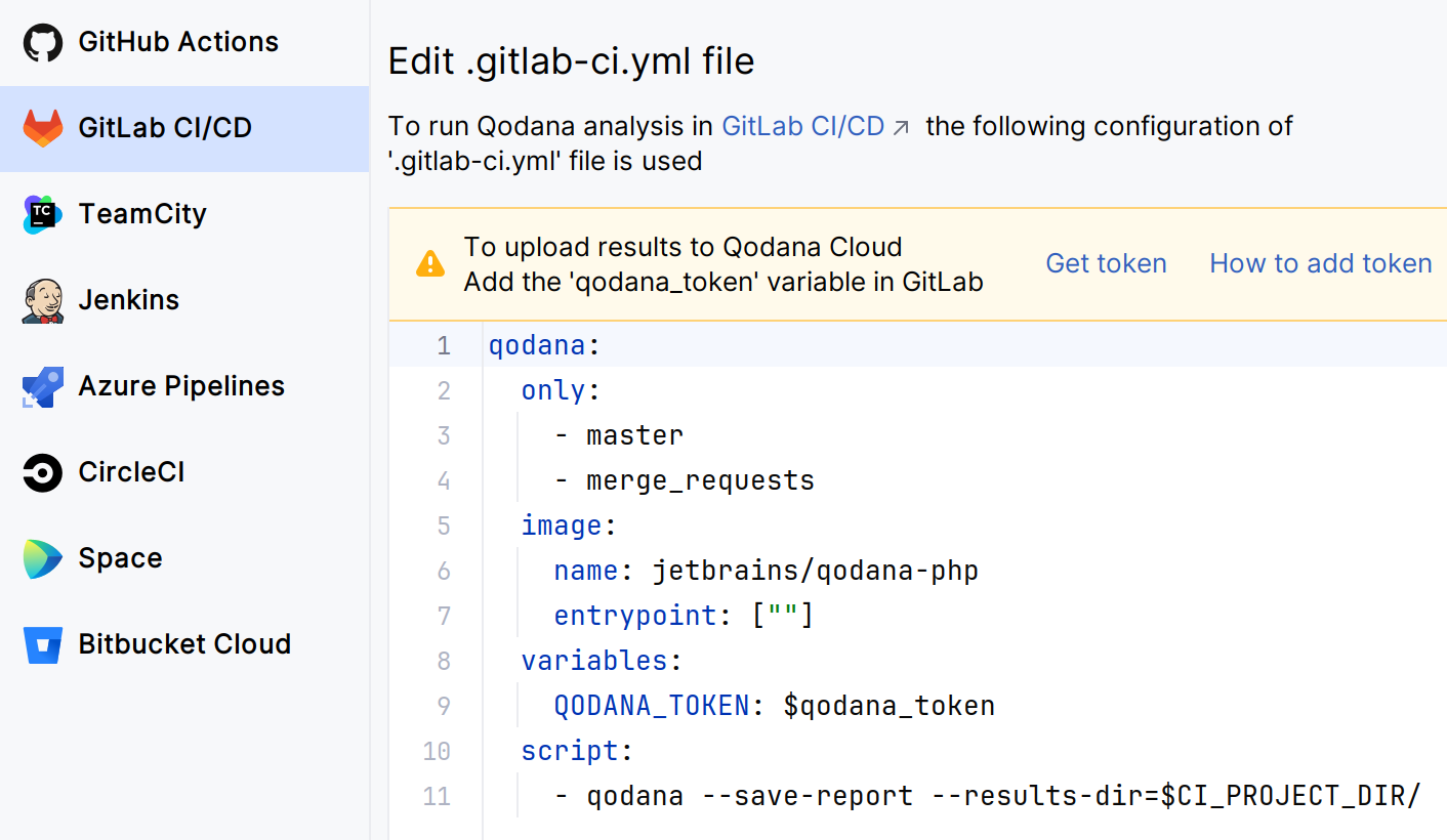 The Add Qodana to CI pipeline dialog The Add Qodana to CI pipeline dialog