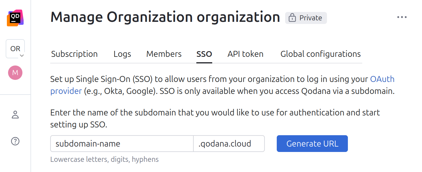 The SSO tab of the organization settings