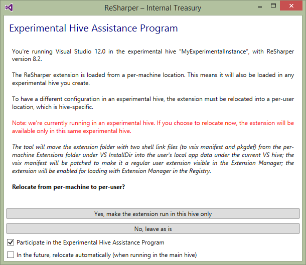 Dialog offering to relocate to an experimental instance
