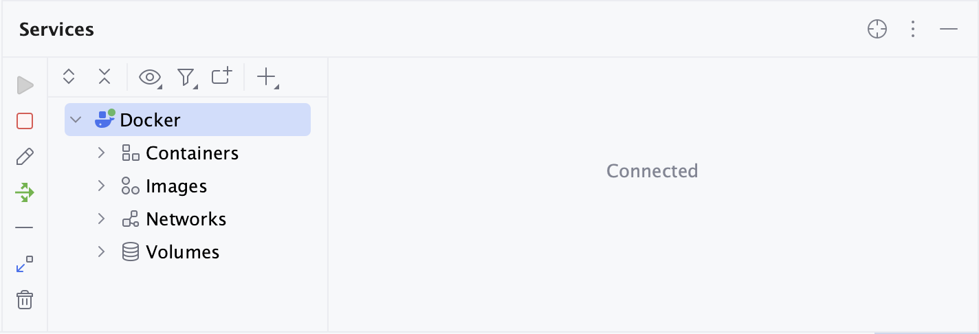 The Docker tool window, connected to Docker The Docker tool window, connected to Docker