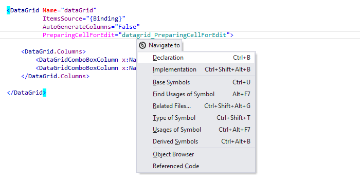 JetBrains&nbsp;Rider: 'Navigate To' in XAML files