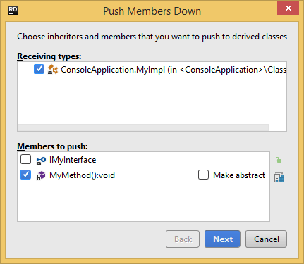 JetBrains&nbsp;Rider. Push Members Down refactoring