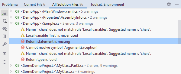 JetBrains Rider: Errors in Solution view JetBrains Rider: Errors in Solution view