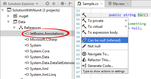 JetBrains Rider: 'Can be null' context action JetBrains Rider: 'Can be null' context action